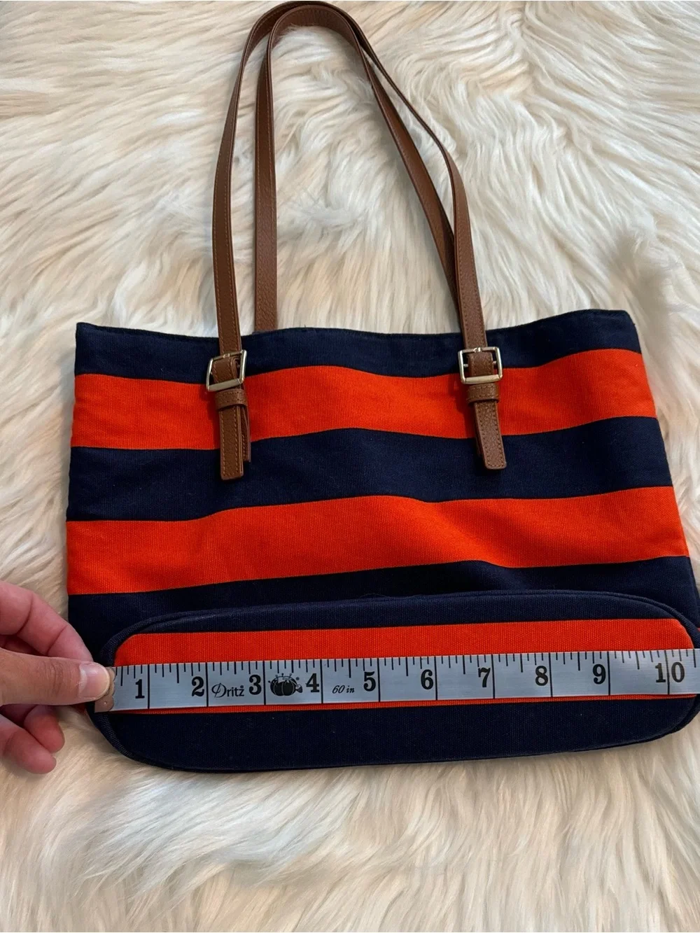Janie and Jack Navy and Orange Striped Canvas Tote with Brown Handles